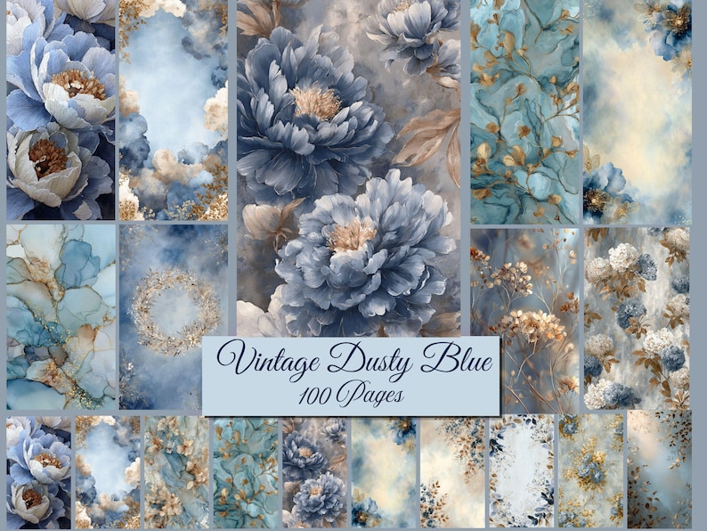Vintage Dusty Blue Floral Digital Paper Pack (junk Journal, Scrapbook ...