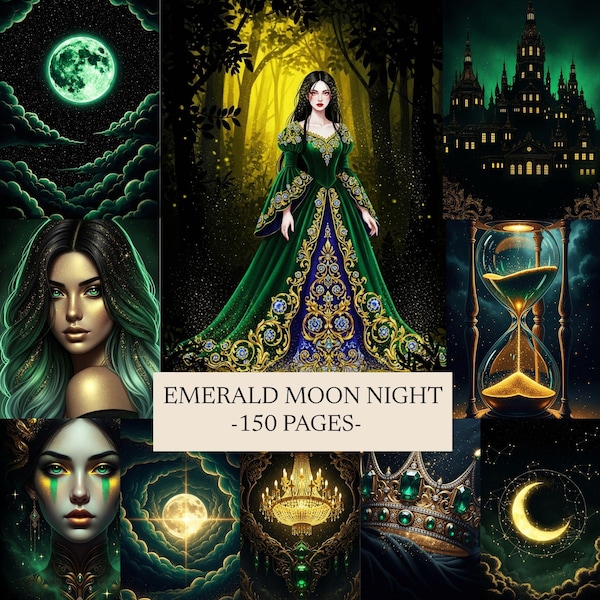 Emerald Moon Night Gothic Fantasy Journal Pages, Green Gold Printable Kit (Digital Download)