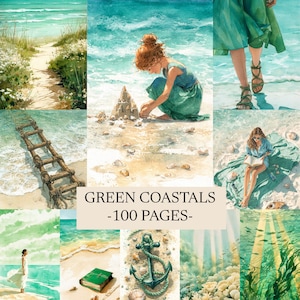 May include: Watercolor art print featuring a coastal theme with shades of green and blue. The image includes illustrations of a beach, a girl building a sandcastle, an anchor, and the text "GREEN COASTALS -100 PAGES-".