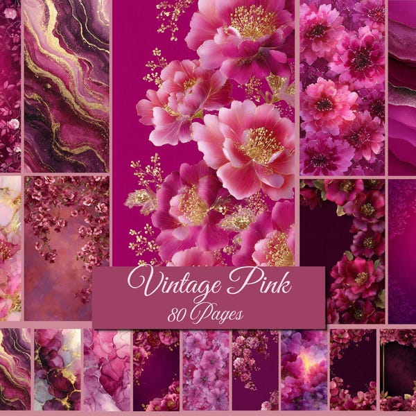 Vintage Magenta Floral Junk Journal Kit, Luminous Pink Scrapbook Paper (Digital Download)