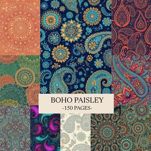 May include: A collection of patterned designs featuring paisley and floral motifs in various colors. The designs include shades of blue, orange, teal, and purple. The text "BOHO PAISLEY -150 PAGES-" is displayed on a cream-colored rectangle.