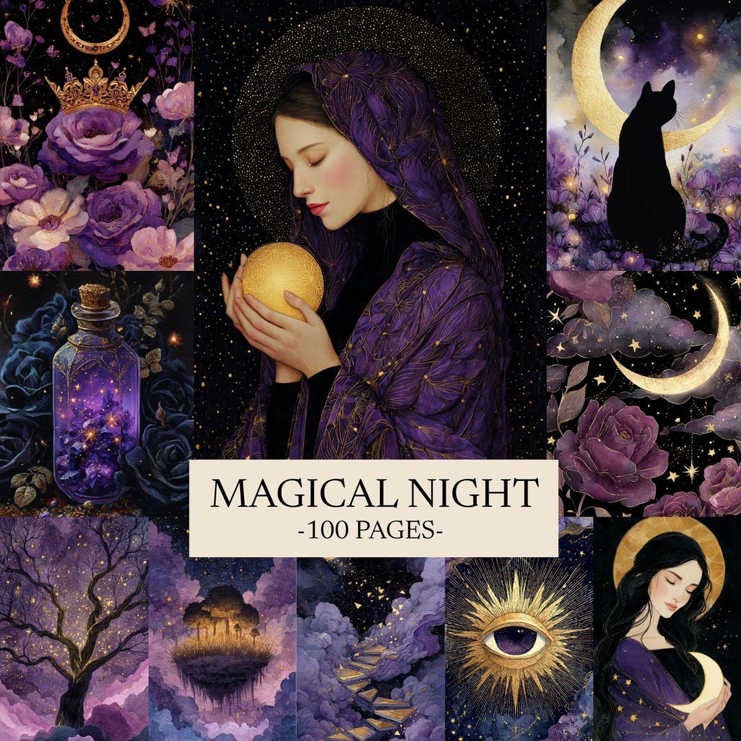 Celestial Junk Journal Pages, Purple Moon Mystic Scrapbook Paper ...
