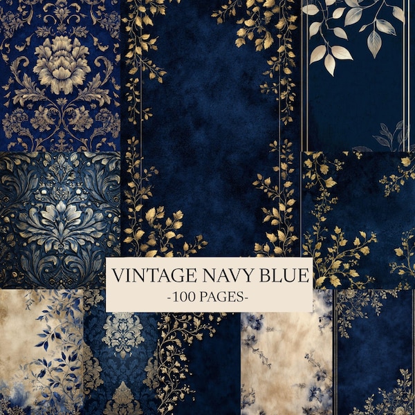 Vintage Navy Blue Floral Digital Paper Kit (100 Pages), Junk Journal Scrapbook Pages