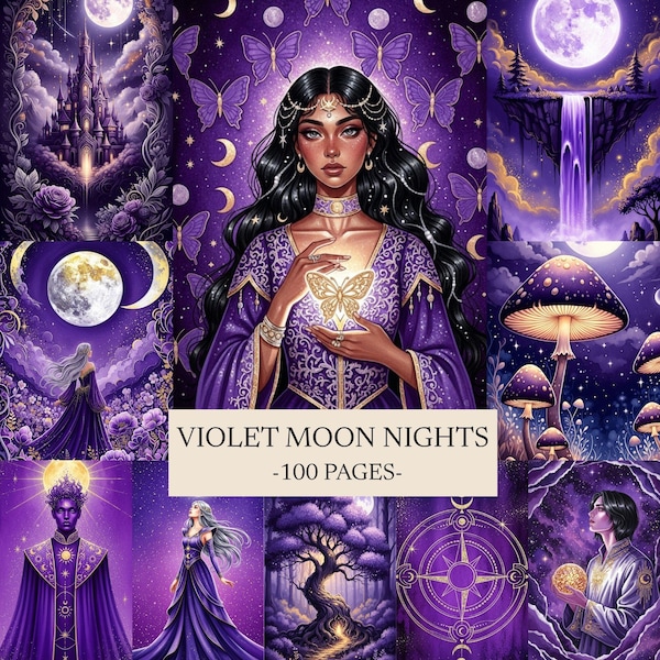 Violet Moon Nights Junk Journal Pages, Celestial Fantasy Scrapbook Paper Kit (Digital Download)