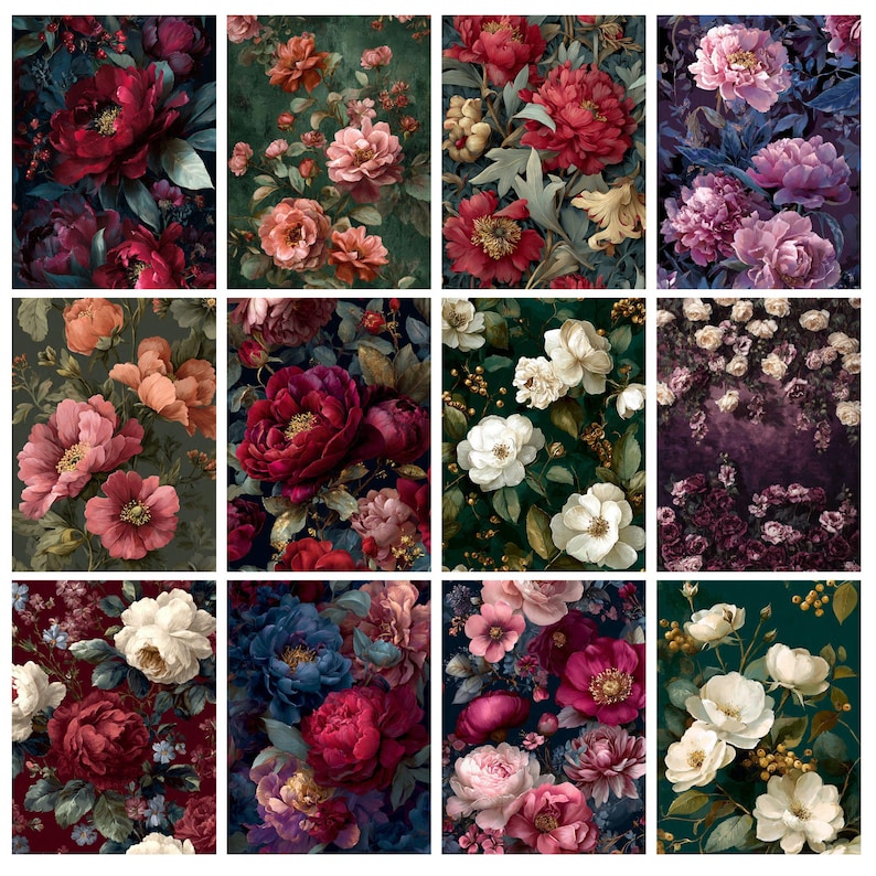 Dark Floral Junk Journal Pages, Moody Botanical Scrapbook Paper, Gothic ...
