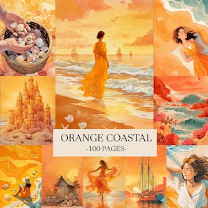 May include: Orange Coastal art print with watercolor illustrations of beach scenes, including a woman in a flowing dress, sailboats, and a sandcastle. The text "ORANGE COASTAL -100 PAGES-" is displayed.