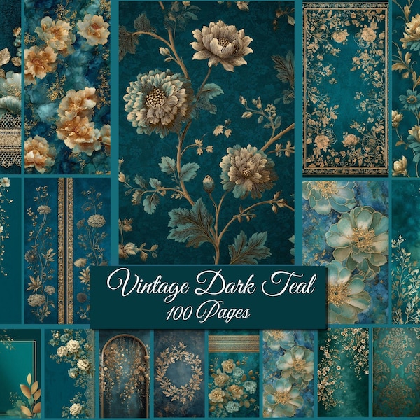 Dark Teal Gold Floral Junk Journal Pages, Scrapbook Paper Kit (Digital Download)