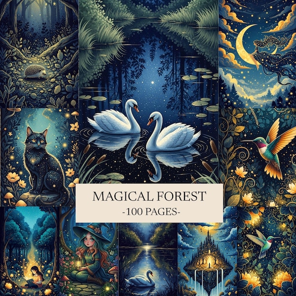 Enchanted Forest Digital Paper, Woodland Animals, Fantasy Journal Pages (Instant Download)