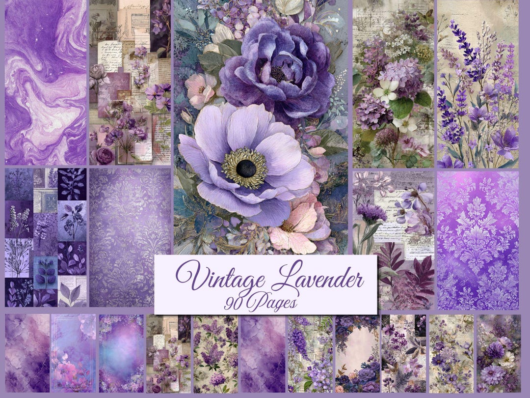 Vintage Lavender Floral Junk Journal Kit, Scrapbook Paper, Purple ...