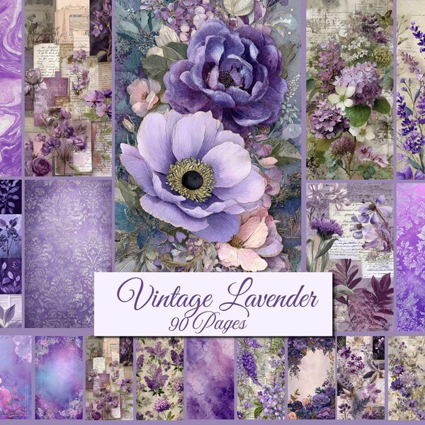 Vintage Lavender Floral Junk Journal Kit, Scrapbook Paper, Purple Ephemera (Digital Download)