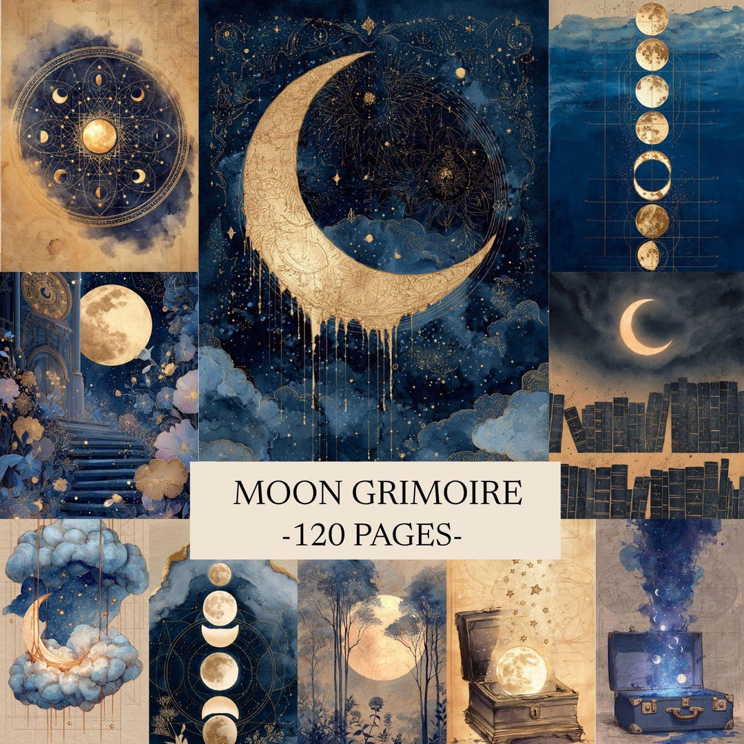 Celestial Moon Grimoire Pages, Mystic Lunar Scrapbook Paper Kit ...