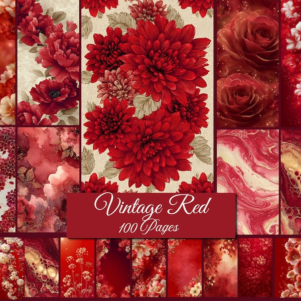 Vintage Red Floral Digital Paper Pack, Junk Journal Ephemera (Instant Download)