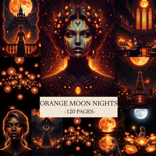 Orange Moon Nights Junk Journal Pages, Gothic Fantasy Scrapbook Paper (Digital Download)