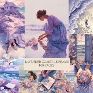 May include: A collection of watercolour illustrations with a coastal theme. The images depict a woman, seashells, a beach, and a seaside cottage. The text "LAVENDER COASTAL DREAMS -100 PAGES-" is displayed.