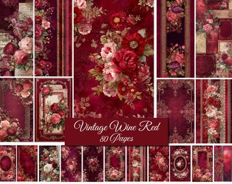 Pacchetto di carte digitali floreali color rosso vino vintage (per junk journal e scrapbooking)