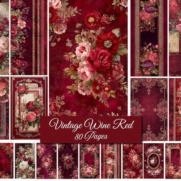 Vintage Wine Red Floral Digital Paper Pack (Junk Journal, Scrapbook)