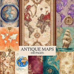 Puede incluir: Una colección de mapas antiguos con varios estilos y colores, incluyendo un mapa del mundo grande con tonos rojos y marrones, una rosa de los vientos y un velero. El texto "ANTIQUE MAPS -100 PAGES-" está presente.