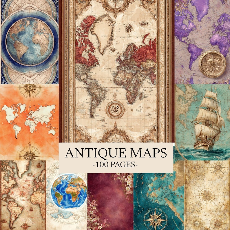 Antique World Maps Ephemera Kit, Junk Journal Scrapbook Paper (digital ...