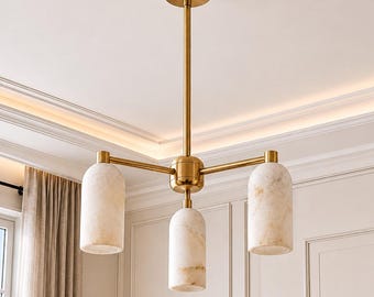 Lámpara de araña de alabastro de estilo moderno de mediados de siglo con 3 luces / Lámpara de techo de latón / Lámpara colgante italiana Stilnovo / Iluminación minimalista de lujo para el hogar
