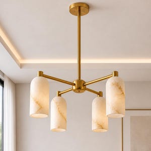 4-Licht Alabasterstein & Messing Kronleuchter | Luxus Moderne Decken Leuchte | Minimalistische Designer Beleuchtung für Esszimmer, Wohnbereich