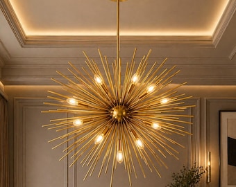 Brass Sputnik Chandelier, Handmade Starburst Ceiling Light, Mid Century Modern Satellite Pendant Lamp