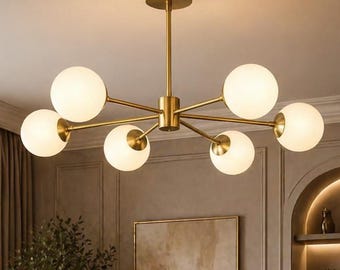 Modern Brass 6 Light Opaline Chandelier, Brass Sputnik Pendant Lamp, Milky Glass Globe Ceiling Light, Handmade Mid Century Modern Fixture
