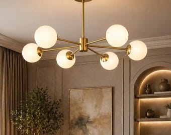 Moderne Messing 6 Licht Opal Kronleuchter, Messing Sputnik Pendelleuchte, Milchglaskugel Deckenleuchte, handgefertigte moderne Leuchte der Mitte des Jahrhunderts