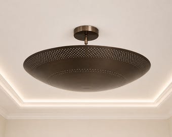 Handmade Brass Flush Mount Ceiling Light – Perforated Dome Antique Patina Finish Chandelier | Mid Century Modern Sputnik Ceiling Fixture