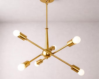Lámpara de araña Sputnik de 6 luces de latón / Lámpara de techo de estilo moderno de mediados de siglo / Lámpara colgante minimalista
