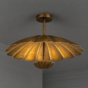 Vintage Brass Floral Ceiling Light – Large Scalloped Petal Flush Mount, Mid Century Modern Raw Brass Ceiling Lamp, Statement Lighting