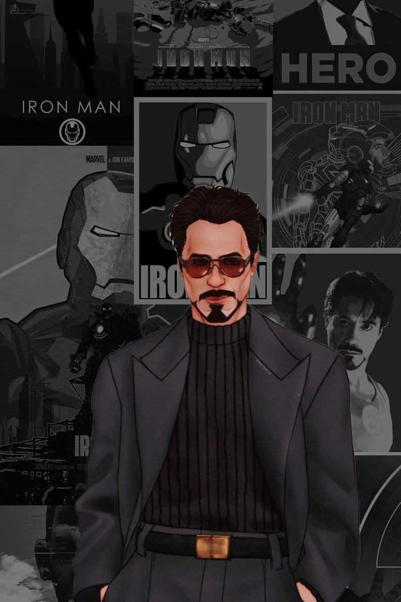 May include: A grayscale collage featuring Iron Man imagery. The central figure is a man with sunglasses, a goatee, and a dark suit. Surrounding images include Iron Man's helmet, movie posters, and the word "HERO".