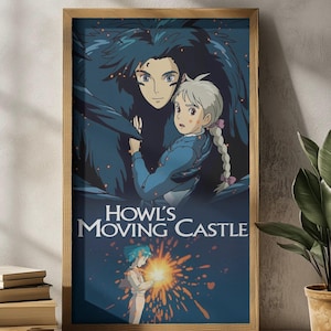 May include: A framed poster featuring artwork from the animated film "Howl's Moving Castle." The poster has a wooden frame and depicts two characters in a dark blue and orange color scheme. The film's title is displayed in white text.