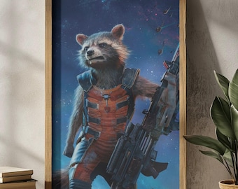 Rocket Raccoon Poster – Guardians of the Galaxy Wall Art, Marvel Cosmic Hero Print, Sci-Fi Action Decor, Superhero Movie Art