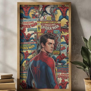 May include: A framed print featuring a portrait of Spider-Man, set against a backdrop of vintage comic book covers. The artwork showcases Spider-Man in action poses and comic book panels, with the words "Amazing Spider-Man" visible.