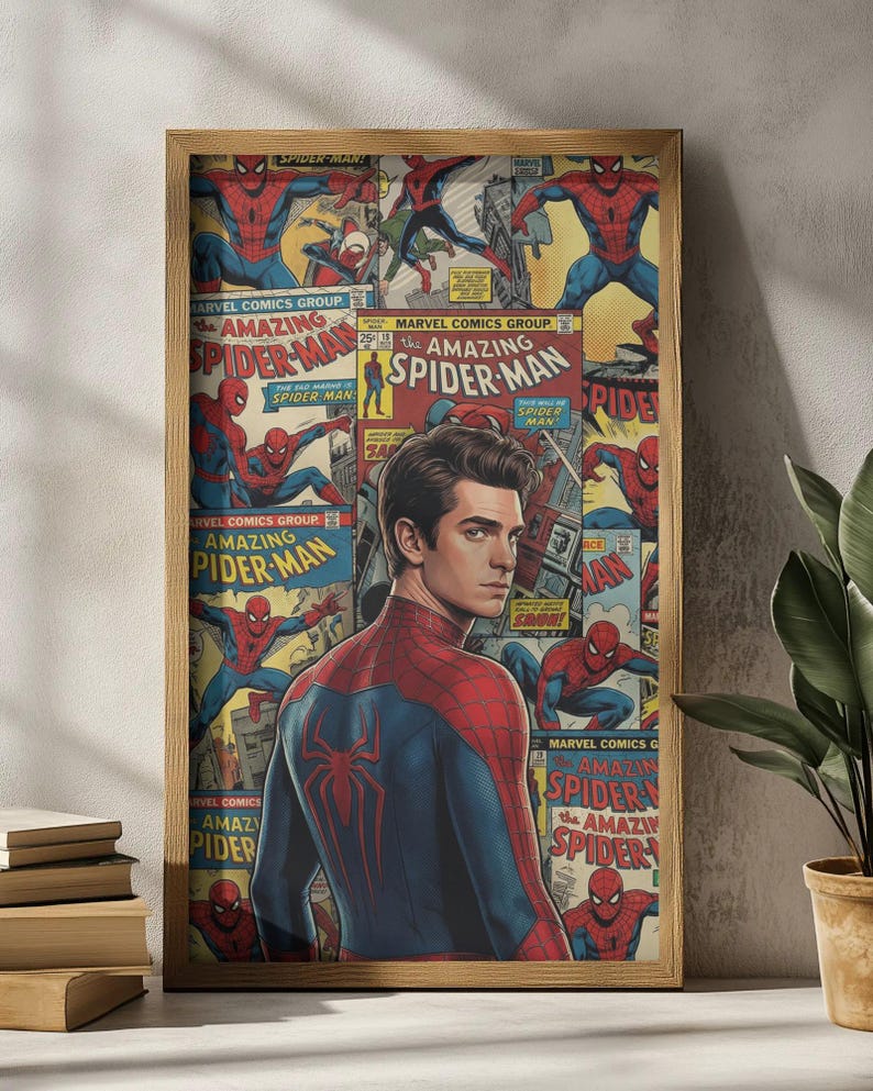 May include: A framed print featuring a portrait of Spider-Man, set against a backdrop of vintage comic book covers. The artwork showcases Spider-Man in action poses and comic book panels, with the words "Amazing Spider-Man" visible.