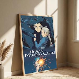 May include: A framed poster featuring artwork from the animated film "Howl's Moving Castle." The image depicts two characters in a blue and dark blue color scheme, with the film's title in white lettering. The poster is leaning against a wall.
