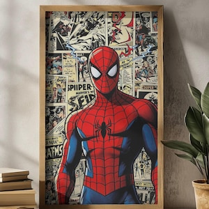 Op de afbeelding: Ingelijste kunstwerk met Spider-Man in een rood en blauw pak, tegen een achtergrond van stripboekpanelen. Het kunstwerk is ingesloten in een houten frame en toont een klassieke stripboekstijl.