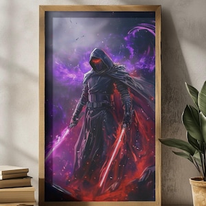 Peut inclure: Œuvre d'art encadrée représentant une figure sombre dans une cape à capuche, maniant deux sabres laser rouges. L'œuvre a un thème fantastique dramatique avec une palette de couleurs violettes et rouges. La figure est placée sur un fond cosmique.