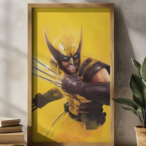 May include: Framed print of Wolverine in a dynamic pose. The artwork depicts Wolverine in his classic yellow and black costume, with his claws extended. The background is a bright yellow, and the print is encased in a wooden frame.