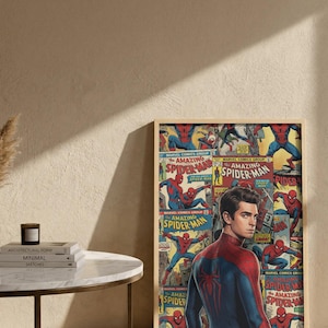 May include: A framed print displaying a collage of vintage Spider-Man comic book covers and a portrait of the superhero. The artwork features Spider-Man in his red and blue suit, with the text "AMAZING SPIDER-MAN" visible.