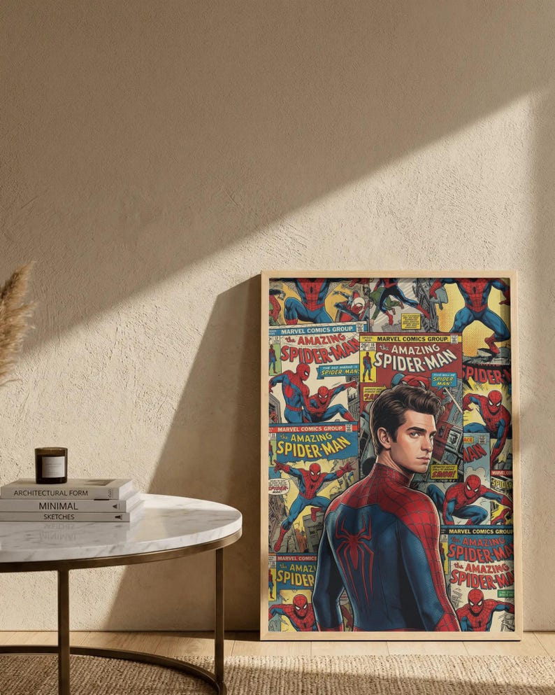 May include: A framed print displaying a collage of vintage Spider-Man comic book covers and a portrait of the superhero. The artwork features Spider-Man in his red and blue suit, with the text "AMAZING SPIDER-MAN" visible.