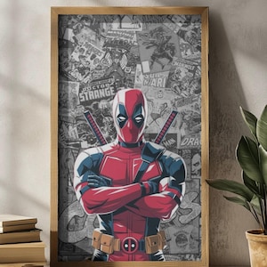 May include: Framed artwork featuring Deadpool in his signature red and black suit, arms crossed. The background is a collage of comic book covers. The artwork is in a wooden frame, suitable for wall decor.