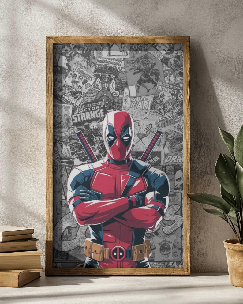 May include: Framed artwork featuring Deadpool in his signature red and black suit, arms crossed. The background is a collage of comic book covers. The artwork is in a wooden frame, suitable for wall decor.