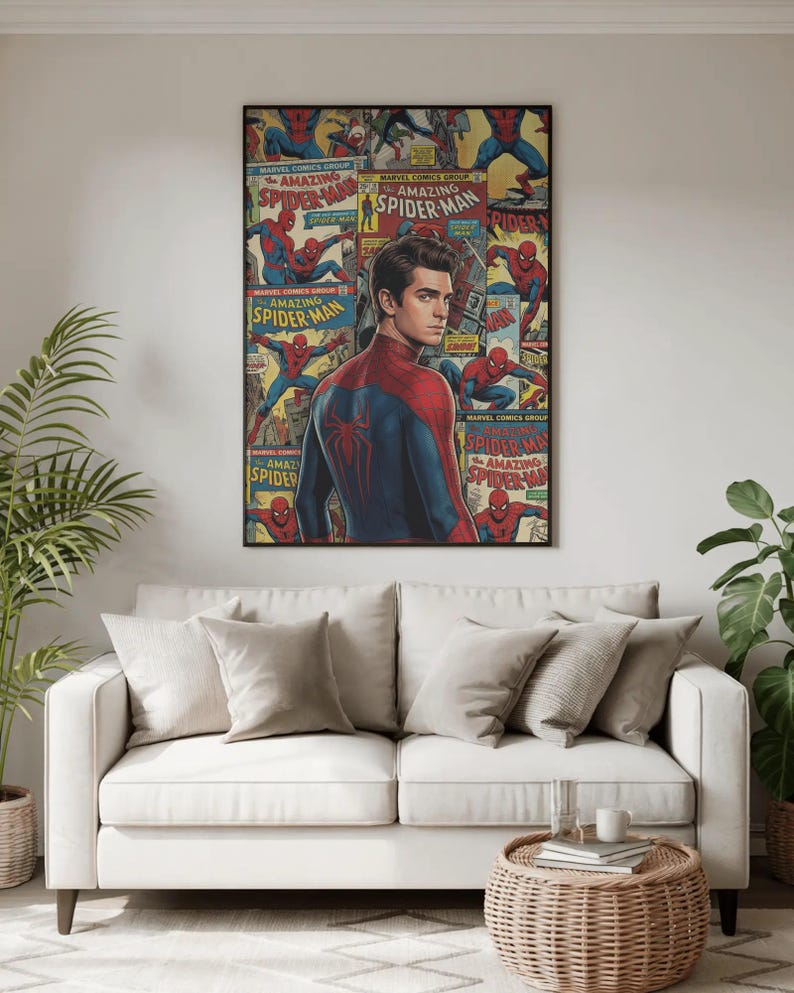 May include: A framed poster featuring a portrait of Spider-Man in his costume, set against a backdrop of vintage comic book covers. The poster has a black frame and is displayed above a white sofa with neutral-coloured cushions.