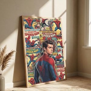 May include: A framed poster featuring Spider-Man comic book covers and a portrait of the character. The poster has a wooden frame and is leaning against a wall. The comic book covers are in a vintage style, with the words "Amazing Spider-Man" visible.