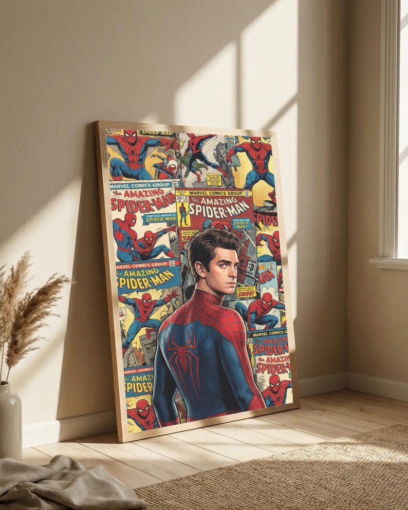 May include: A framed poster featuring Spider-Man comic book covers and a portrait of the character. The poster has a wooden frame and is leaning against a wall. The comic book covers are in a vintage style, with the words "Amazing Spider-Man" visible.