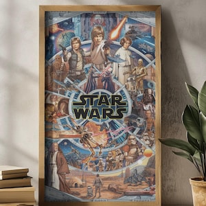 Könnte beinhalten: Ein gerahmtes Star Wars-Poster mit ikonischen Charakteren und Szenen aus der Filmreihe. Das Kunstwerk zeigt Luke Skywalker, Prinzessin Leia, Darth Vader und verschiedene Raumschiffe, vor dem Hintergrund von Weltraum und Planeten. Das Poster ist in einem Holzrahmen.