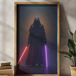 Peut inclure: Impression encadrée d'une figure sombre en cape à capuche, tenant un sabre laser rouge et violet. L'arrière-plan est sombre avec une lueur orange. Le cadre en bois ajoute une touche classique à cette œuvre d'art fantastique.