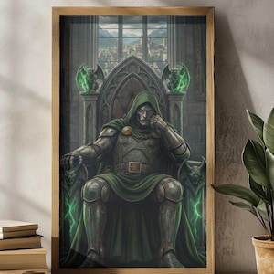 May include: A framed print featuring a character in a green hooded cloak and metallic armor, seated on a throne. The artwork has a fantasy theme, with green energy effects and gargoyle-like figures. The background shows a cityscape.