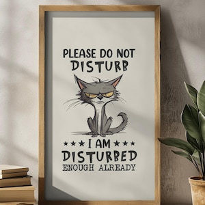 Könnte beinhalten: Ein gerahmter Druck mit einer Illustration einer grimmigen Cartoon-Katze. Der Text lautet "PLEASE DO NOT DISTURB" über der Katze und "I AM DISTURBED ENOUGH ALREADY" darunter. Die Katze ist grau mit gelben Augen und einem strengen Gesichtsausdruck.